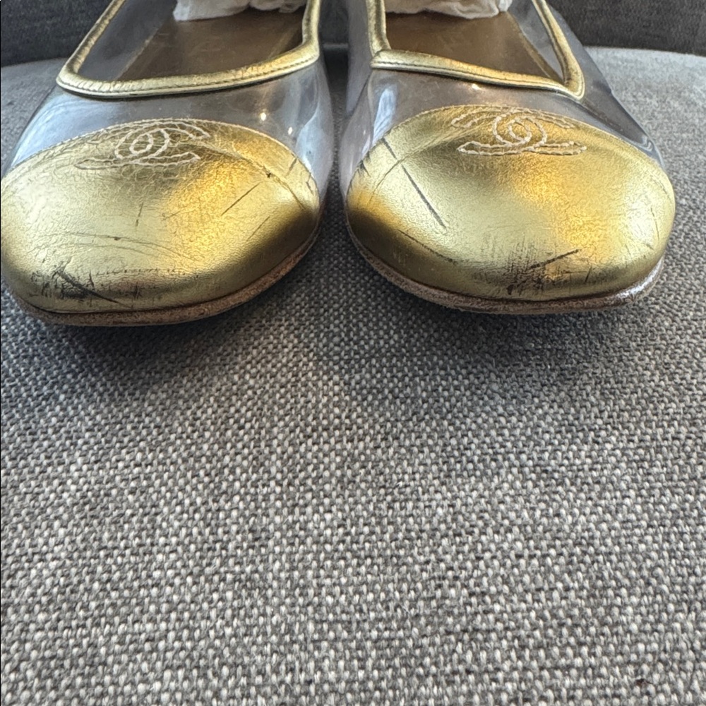 CHANEL Gold and Clear Mesh Cap-Toe Ballet Flats - Picture 6 of 7